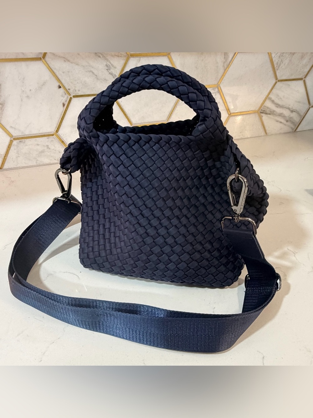 NAGHEDI St. Barths Petit Tote in Ink Navy Blue | Woven Neoprene Crossbody